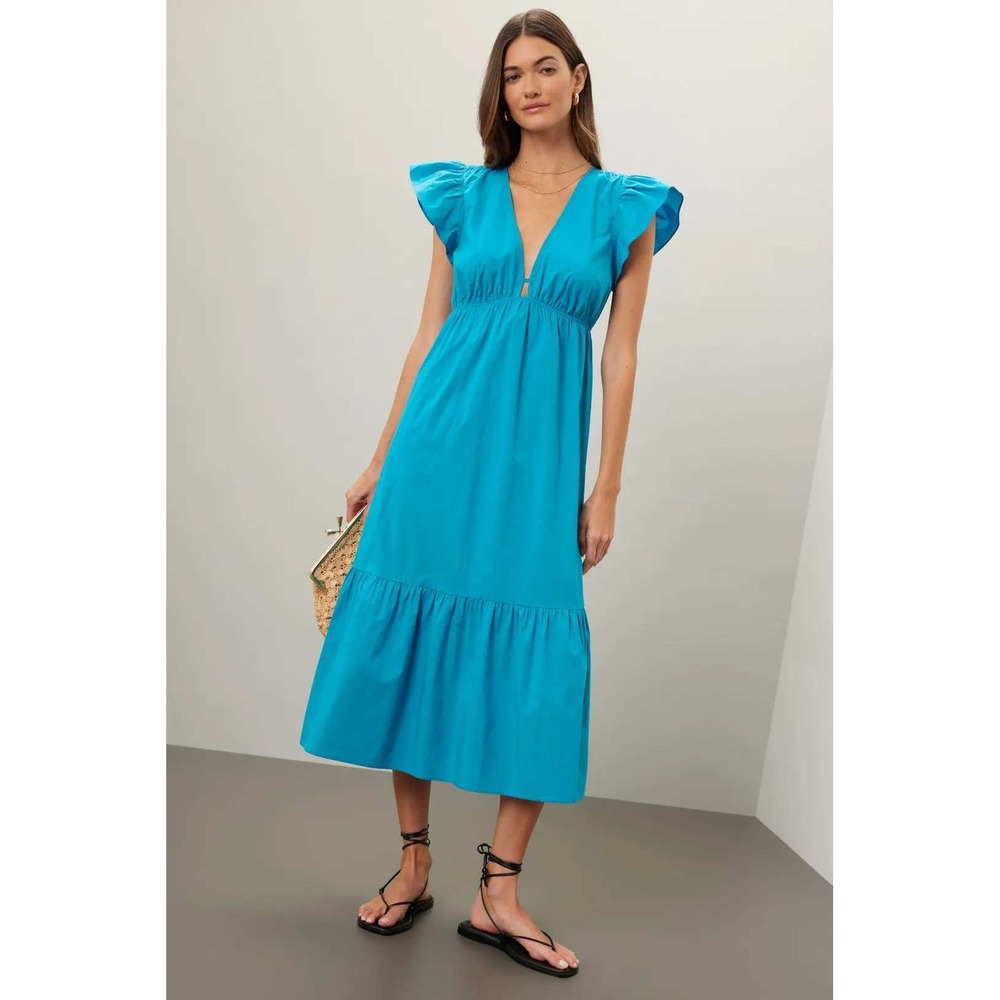 New Rails Tina Flutter Sleeve Deep V-Neck Tiered Midi Dress Turkish Tile Blue